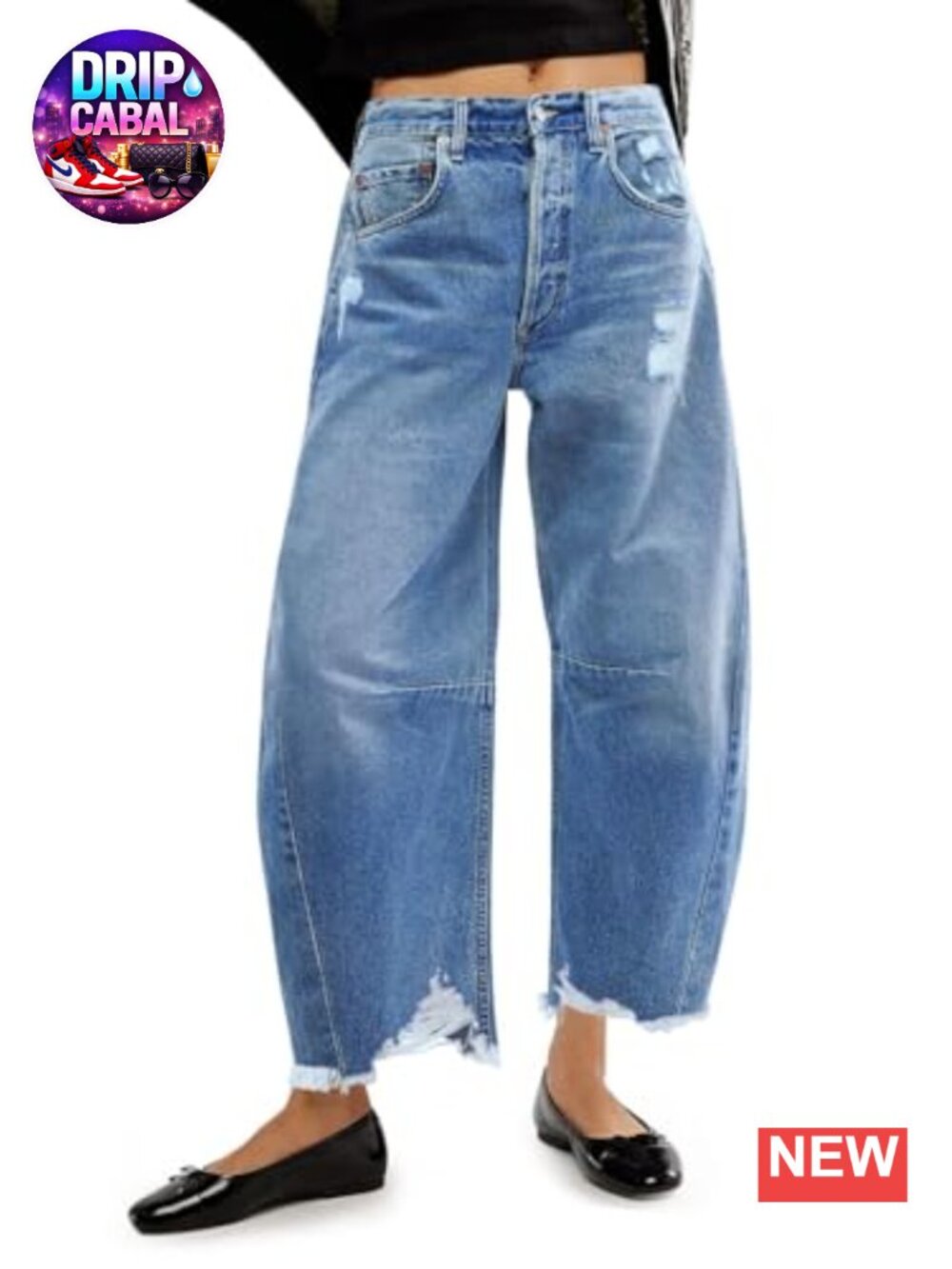 Allimy Womens High Waisted Barrel Horseshoe Baggy Jeans Raw Hem Non Stretch